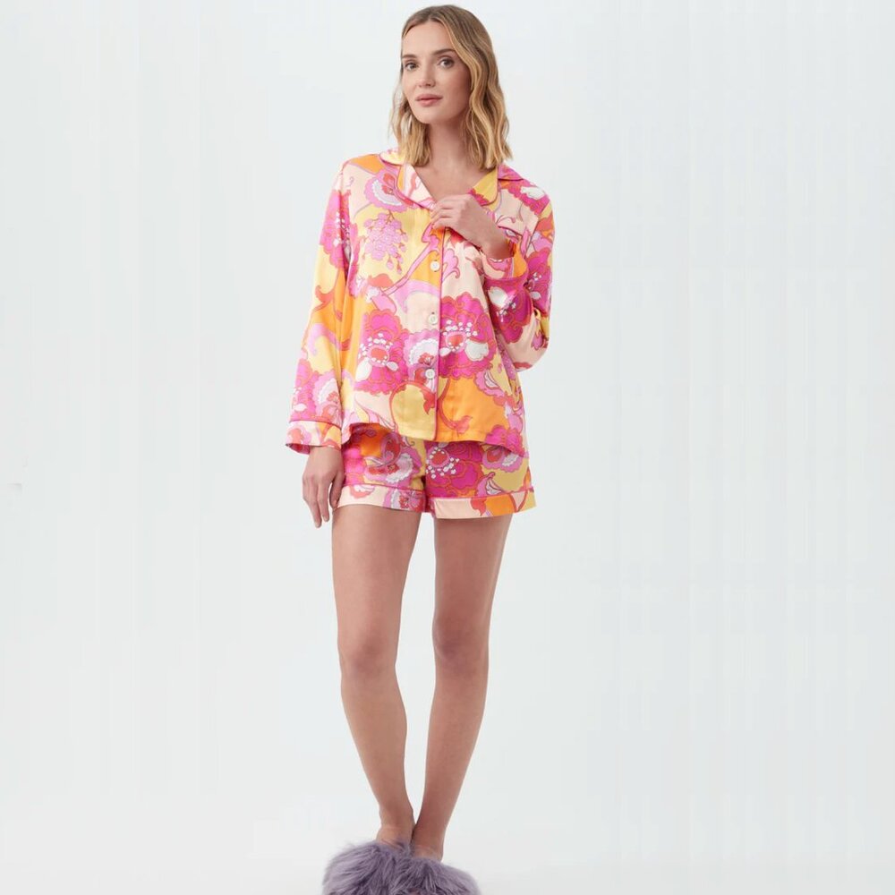 NWT 100% SILK Trina Turk Bedhead Pajama Set in Apache Bloom Long Sleeve XSmall